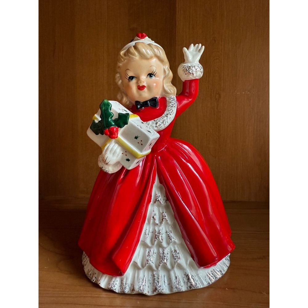 Vintage 1956 Napco Christmas Lady Planter CX2266A Red Dress Spaghetti Trim Japan